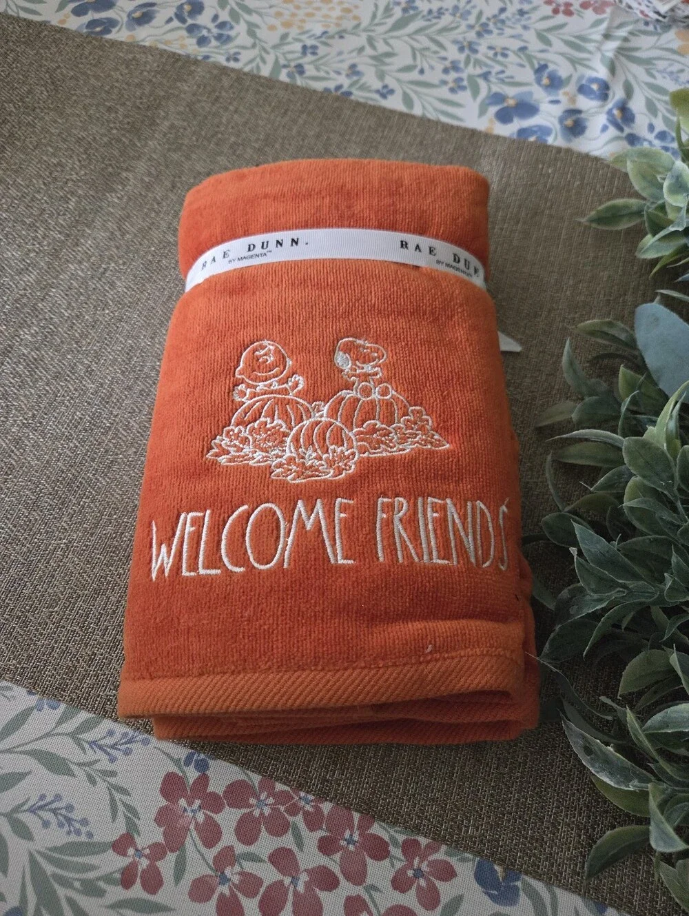 Rae Dunn Orange 'Welcome Friends' Embroidered Hand Towels